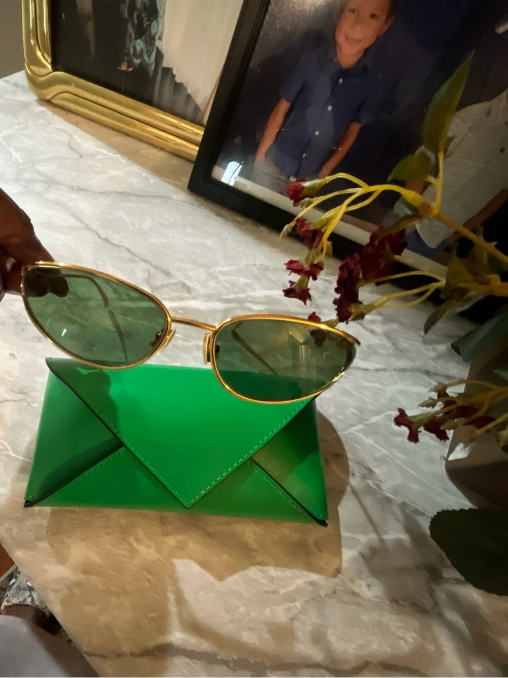 Bottega Veneta Gold Frame Sunglasses with Green Lenses